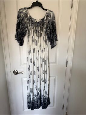 White and Gray Feather-Print Maxi Dress